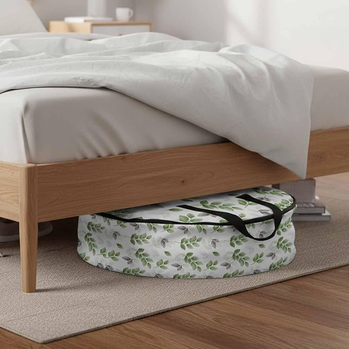 Botanical Country Round Storage Bag 36 Inch, Green Eucalyptus Leaves White Background Clothes Storage Container with Handles Heavy Duty Organizer for Comforter, Bedding & Holiday Wreaths