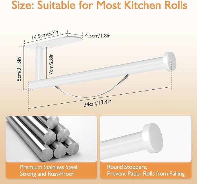 Paper Towel Holder with Damping Function, Paper Towel Holder Under Cabinet Self-Adhesive or Drilling, Wall Mounted Napkin Roll Holder for Kitchen Bathroom Rv Camping, Stainless Steel (White)