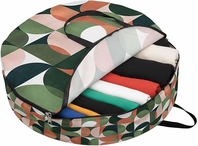Storage Bag Mid Century Geometric Round Storage Totes Bins Closet Organizers with Zippers & Handle Abstract Modern Green Orange Clothes Storage Container for Bedroom Dorm Space Saving Packing Supplies