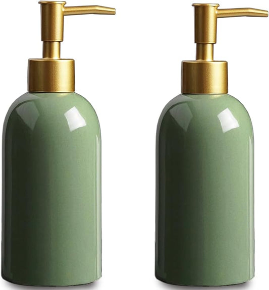 2Pack Ceramic Soap Dispenser Green with Gold Pump,Modern Design Cylindrical Lotion Dispenser Bottle,Refillable Liquid Hand Soap Dispenser for Kitchen,Bathroom,Washroom