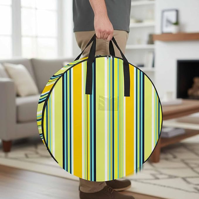Storage Bag Yellow Stripes Round Storage Totes Bins Closet Organizers with Zippers & Handle Boho Style Lines Striped Clothes Storage Container for Bedroom Dorm Space Saving Packing Supplies Bags