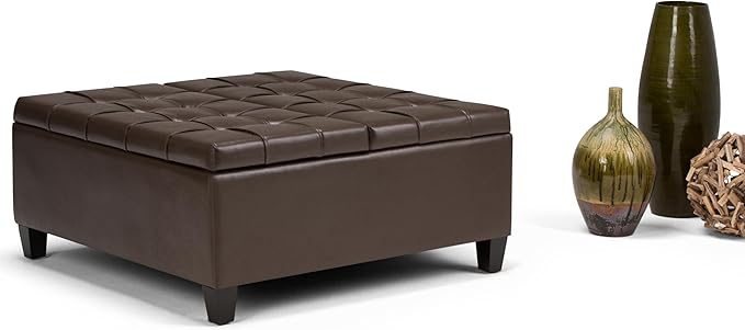 SIMPLIHOME Harrison Coffee Table Storage Ottoman - 36 inch Wide Upholstered Vegan Leather Square Lift-Top Ottoman in Chocolate Brown, Transitional Ottoman for Living Room with Hidden Storage