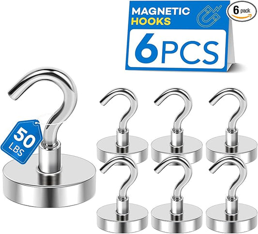 LOVIMAG Strong Magnetic Hooks, 50LBS Neodymium Magnets with Hooks, Cruise Must Haves for Travel, Magnetic Key Holder for Wall,Cruise Ships,Locker,Metal Door,Office,Kitchen,Classroom- 6 Pack
