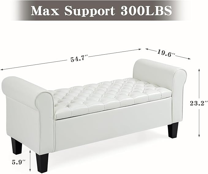 ECOTOUGE Ottoman with Storage for Living Room, Leather Upholstered Bench Footrest, Bedroom Benches at End of Bed, Rolled Arm Ottoman, Cream Color