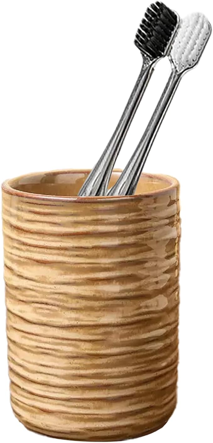 Ceramic Toothbrush Holder for Bathroom, Ceramic Toothbrush Cup, Toothpaste Organizer for Bathroom Countertop, Bathroom Storage Organizer, Kiln Transformation Cup (Vintage Brown)