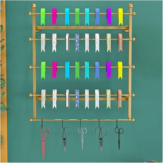 5tier Wall Mounted Ribbon Rack, Metal Gift Wrapping Paper Display Holder, Wrapping Paper Scarf Tie Belt Towel Storage Stand for Craft Room Florist Bedroom，Gold 80x12x80cm