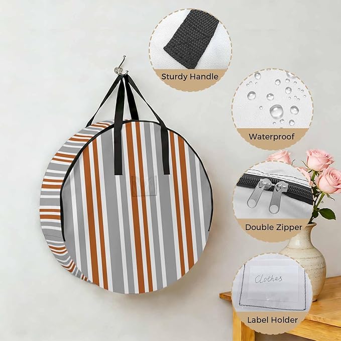 Storage Bag Orange Stripes Round Storage Totes Bins Closet Organizers with Zippers & Handle Grey Striped Lines Clothes Storage Container for Bedroom Dorm Space Saving Packing Supplies Moving Bags