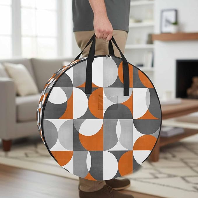 Storage Bag Mid Century Geometric Round Storage Totes Bins Closet Organizers with Zippers & Handle Abstract Modern Orange Clothes Storage Container for Bedroom Dorm Space Saving Packing Supplies Bags