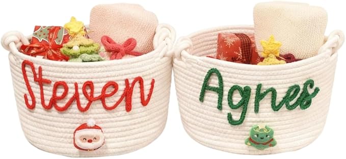 Personalized Handmade Kids Christmas Eve Gift Basket Cotton Rope Storage Basket with Name Large Capacity