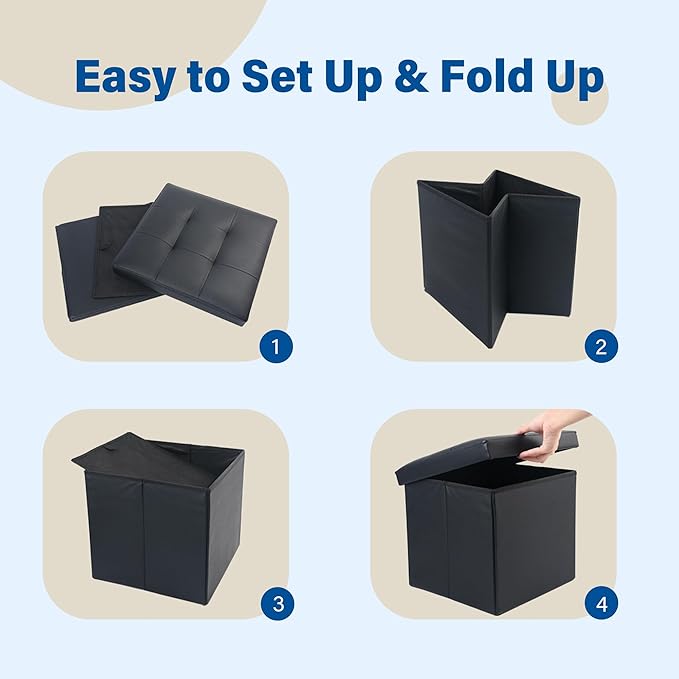 LotFancy Storage Ottoman, 2 Pack, Foldable Foot Rest Stool, 13x12x12 Inches Small Leather Bench with Storage, Holds up to 260 lb, for Living Room, Bedroom, Dorm, Black