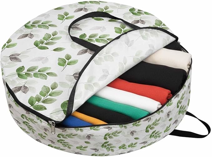 Botanical Country Round Storage Bag 30 Inch, Green Eucalyptus Leaves White Background Clothes Storage Container with Handles Heavy Duty Organizer for Comforter, Bedding & Holiday Wreaths