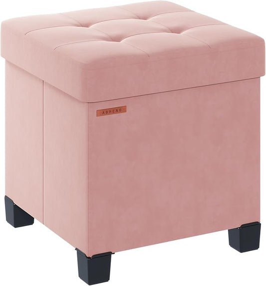 ABHENG Cube Storage Ottoman, Velvet Foot Stool with Feet, Folding Storage Bench, End of Bed Bench, Chest, for Living Room, Bedroom and Office, 15 x 15 x 15.7 Inches, Jelly Pink, ASND22P