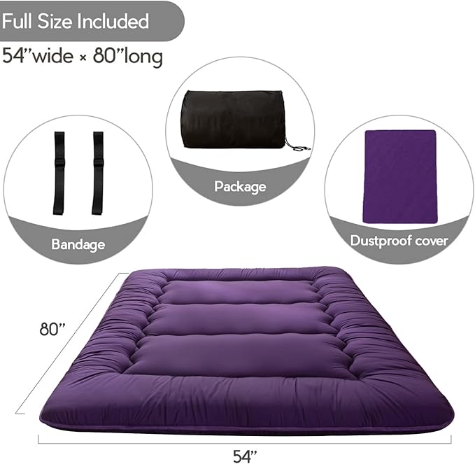 MAXYOYO Japanese Floor Mattress Futon Mattress, Thicken Sleeping Pad Foldable Roll Up Floor Futon for Adults Tatami Mat Dormitory Lounger, Purple, Full Size