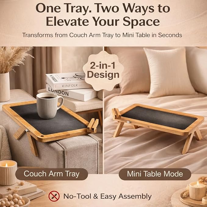 Couch Arm Tray Table with Adjustable Legs – Bamboo Sofa Arm Tray with Removable Phone Holder & Non-Slip Mat – Couch Armrest Table for Drinks, Snacks & Remote – Fits Sofa Arms up to 8.8"
