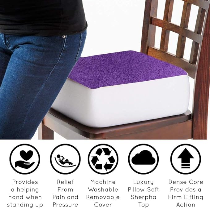 Comfort Finds Rise with Ease Seat Cushion - Thick Firm Chair Cushion Booster - Extra Thick Foam Pad for Home, Patio, Office and Car Seats - Extra Supportive Lift - 15.5 X 18 X 5 (Purple Fleece)