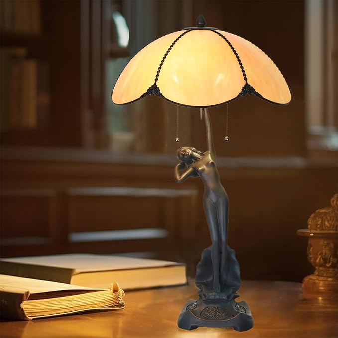 TL0033 Tiffany Style Table Lamp Handmade Stained Glass Umbrella Shade with Lady Sculpture Base W 15.75 X OH 27 Inches, Art Nouveau Lamp for Home Office, LED Bulbs Included