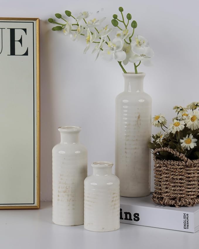 White Ceramic Vase Set of 3 – Ribbed Texture Crackle Glaze Bottle Vases for Rustic Farmhouse Table Centerpiece, Shelf & Mantel Decor