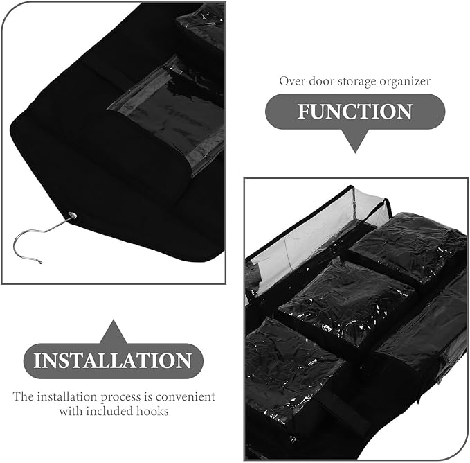 Hanging Wrap Storage Bag with Pockets, Over-The-Door Closet Organizer, Heavy-Duty Black Oxford Fabric, Wall-Mounted Wrapping Paper Holder for Home Packaging