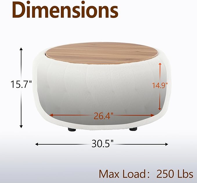 Large Round Storage Ottoman Coffee Table with Wooden Tabletop, 30.5 Inches Teddy Fleece Tufted Ottoman for Living Room, Bedroom, Apartments (White)
