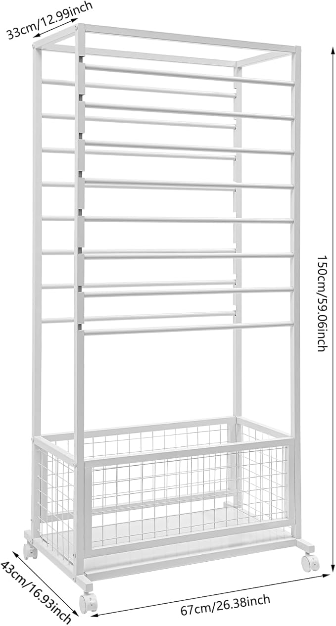 Mobile Ribbon Holder Double-Sided Ribbon Organizer Rack with 16 Hanging Rods Multifunctional Flower Wrapping Paper Storage Stand with Lockable Wheels Wrapping Paper Rack (26.38*12.99*59.06in, White)