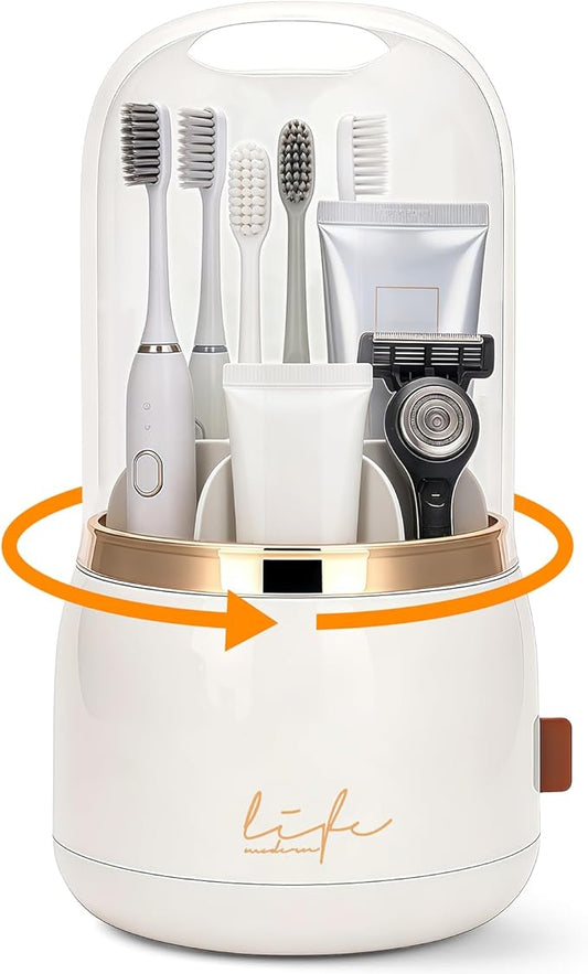 360 Rotating Toothbrush Holders for Bathrooms, 7-Slot Toothbrush Holder with Cover & Drainage, Bathroom Countertop Organizer for Electric Toothbrushes, Toothpaste & Makeup Brushes
