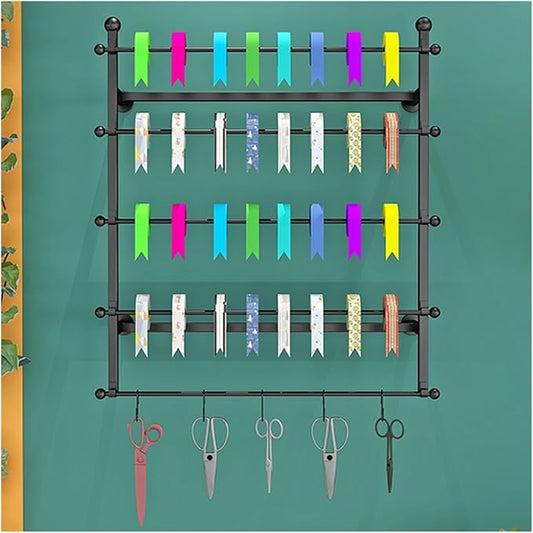 5tier Wall Mounted Ribbon Rack, Metal Gift Wrapping Paper Display Holder, Wrapping Paper Scarf Tie Belt Towel Storage Stand for Craft Room Florist Bedroom，Black 70x12x80cm