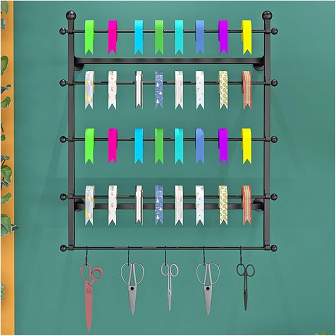 5tier Wall Mounted Ribbon Rack, Metal Gift Wrapping Paper Display Holder, Wrapping Paper Scarf Tie Belt Towel Storage Stand for Craft Room Florist Bedroom，Black 100x12x80cm