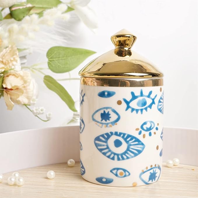 Big Eye Aromatherapy Candle Jar With Lid Ceramic Makecup Cotton Swab Holder Home Deocrative Bottler, Home Fireplace Kitchen Dining Decor For Living Room Knick Knacks Candle Holder