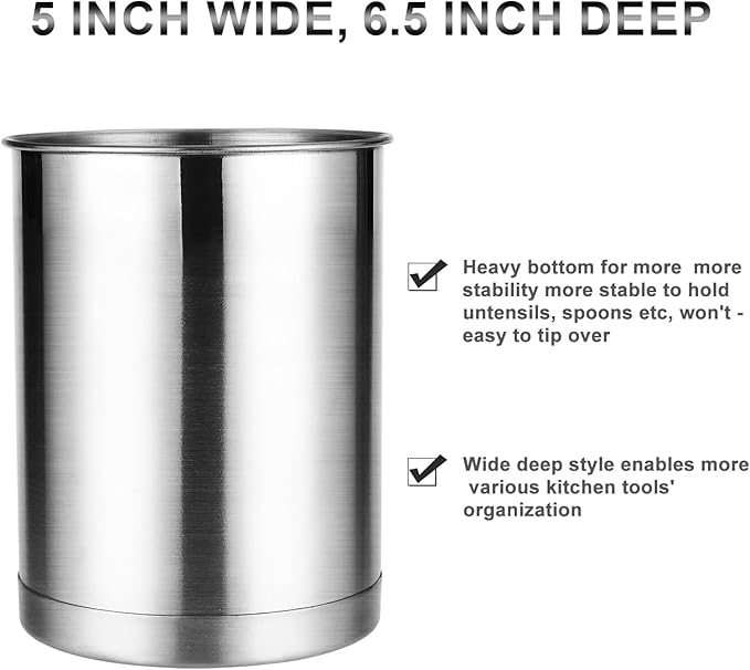 KSENDALO Stainless Steel Utensil Holder for Counter(2Pack), Brushed Silver Drying Metal Utensil Crock Canister for Cooking Utensils on Countertop, with Heavy Base, Dishwasher Safe, Silver