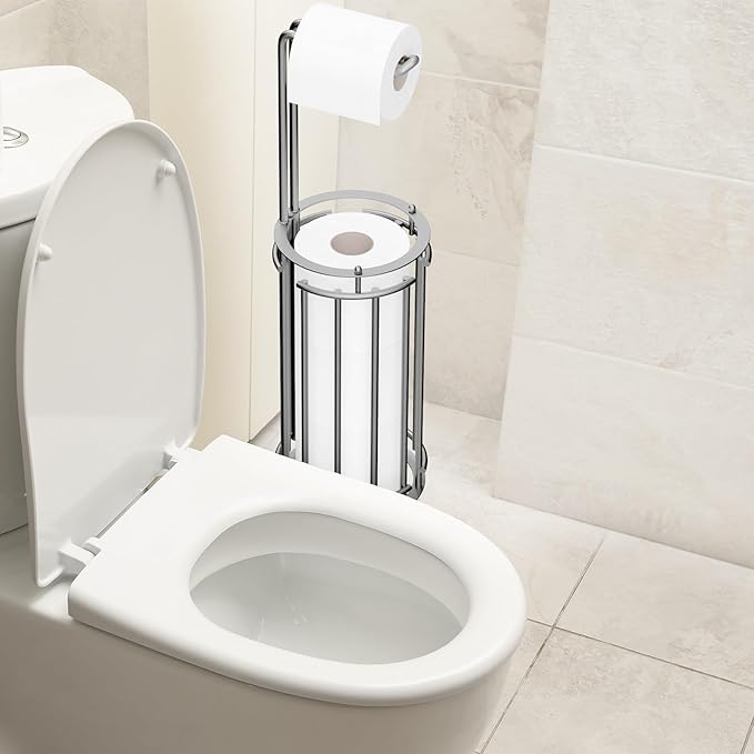 Meangood Toilet Paper Holder Stand and Tissue Paper Roll Dispenser for 4 Mega Rolls (Matte Silver)