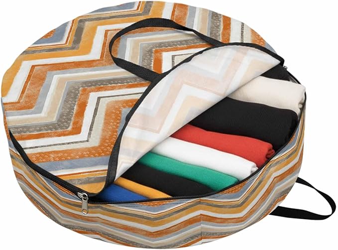 Storage Bag Orange Grey Chevron Round Storage Totes Bins Closet Organizers with Zippers & Handle Geometric Design Stripe Clothes Storage Container for Bedroom Dorm Space Saving Packing Supplies Bags