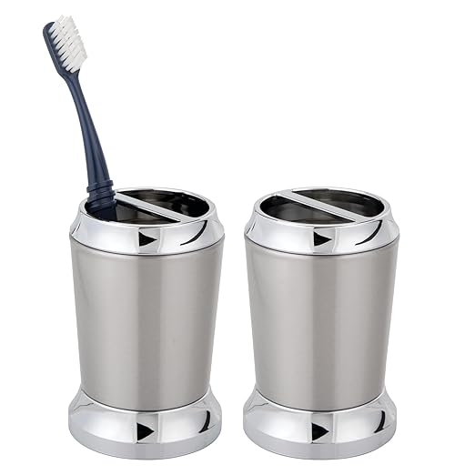 iDesign Stainless Steel Bathroom Counters-Set of 2 Toothbrush Holder, Pack of 2, Brushed/Chrome Split Finish