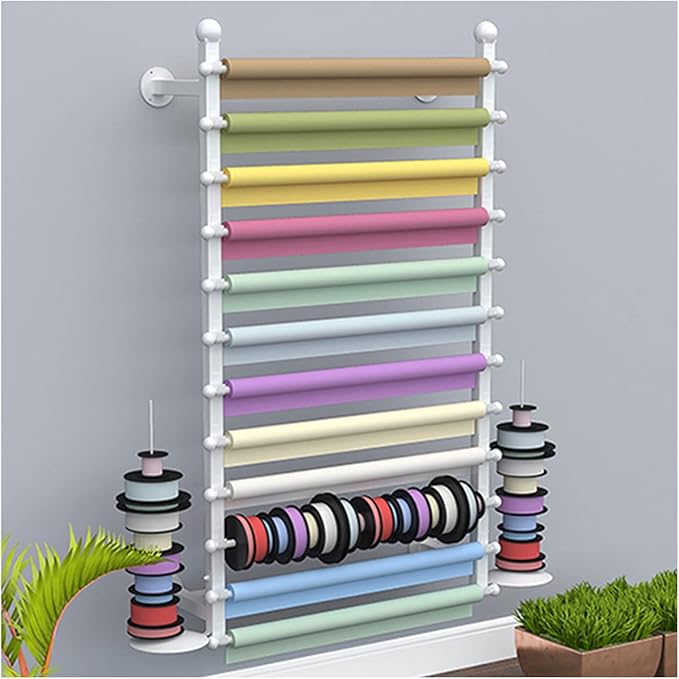 Ribbon Display Storage Organizer Wire Spool Rack Wrapping Paper Shelf Wall Mounted,Detachable Ribbons Tray&Removable Crossbars,White,120X20X120Cm