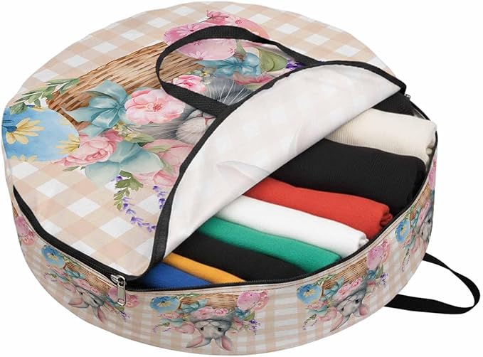 24 Inch Round Storage Bag 1 Pack,Easter Day Colorful Eggs Rabbit Flowers Waterproof Wreath Storage Container with Handles&Zipper Spring Plant Plaid Closet Organizer Bags Garland Box
