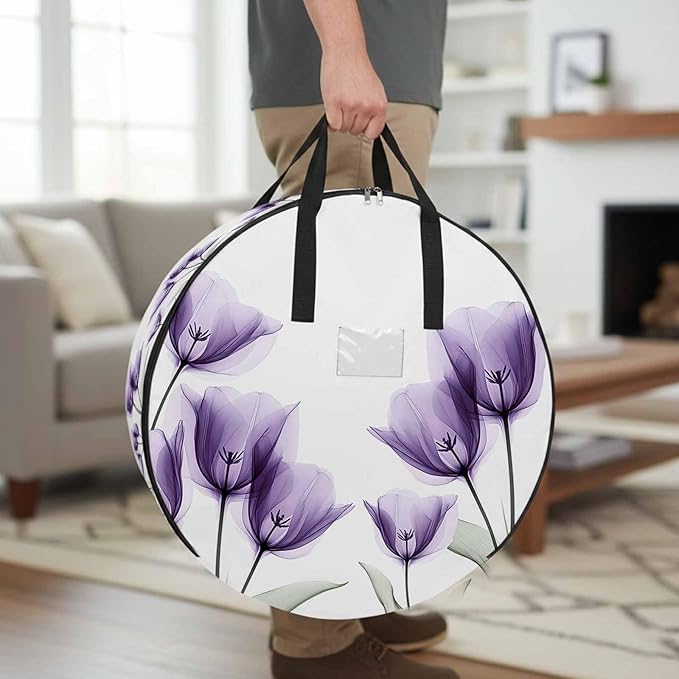 Spring Floral Round Storage Bag 36 Inch, Purple X-ray Tulip Looming Flower Leaf Modern Clothes Storage Container with Handles Heavy Duty Organizer for Comforter, Bedding & Holiday Wreaths
