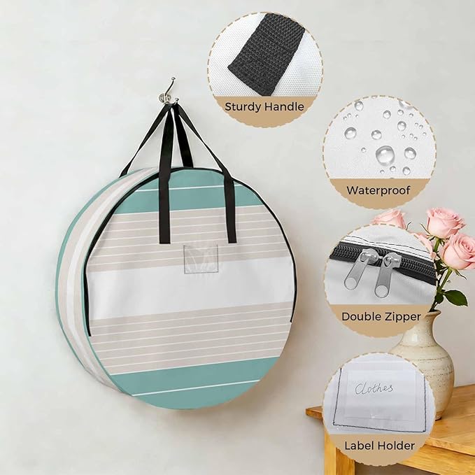 Storage Bag Cream Striped Round Storage Totes Bins Closet Organizers with Zippers & Handle Ombre Teal Stripes Clothes Storage Container for Bedroom Dorm Space Saving Packing Supplies Moving Bags