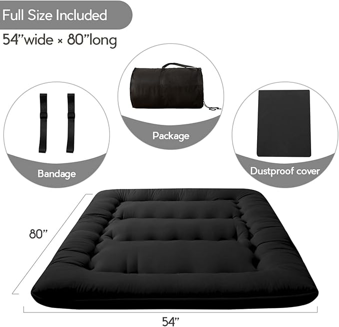MAXYOYO Japanese Floor Mattress Futon Mattress, 4" Thicken Tatami Mat Sleeping Pad Foldable Roll Up Mat Boys Girls Dormitory Pad Kids Floor Lounger, Black, Full