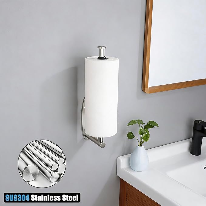 Single Hand Operable Paper Towel Holder Under Cabinet with Damping Effect, Self Adhesive Paper Towel Roll Holder Wall Mounted for Kitchen Bathroom, SUS304 Stainless Steel Brushed Nickel