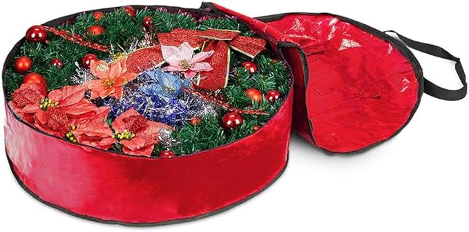 ProPik Christmas Wreath Storage Bag 24" - Garland Holiday Container with Tear Resistant Material - Featuring Heavy Duty Handles and Transparent Card Slot - 24” X 8” (Red)