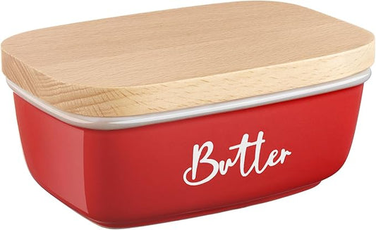ALELION Red Butter Dish with Lid for Countertop, Ceramic Butter Container with Beech Wood Lid, Airtight Butter Keeper for Counter or Fridge, for Red Kitchen Decor and Accessories
