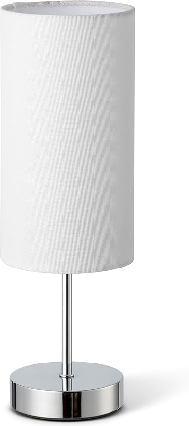 Small Table Lamp for Bedroom Nightstand, Round White Fabric Shade and Silver Metal Base, Modern Minimalist Bedside Lamps for Dresser, End Table, Office, College Dorm, Warm Light, 5W LED Bulb Included