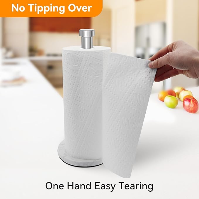 Paper Towel Holder Countertop, Kitchen Paper Towel Roll Holder for Bathroom Kitchen, Stainless Steel Paper Towel Holder with Weighted Marble Base for One-Handed Operation (Silver)