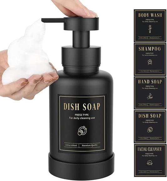 Luxspire Foaming Soap Dispenser, Glass Foam Pump Soap Dispenser, Non-Slip Hand Soap Bottle with 5 Waterproof Labels, 15 Oz Refillable Liquid Soap Bottle for Bathroom & Kitchen, Black, 1 Pack