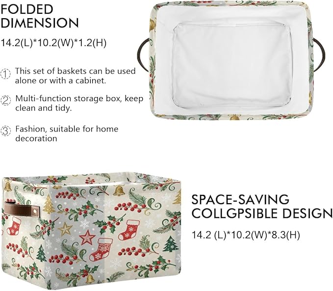 Christmas Storage Baskets, Canvas Collapsible Bins with Holiday Pattern, 14.2x10.2x8.3 Inches, Decorative Organizers with Handles for Home Organization