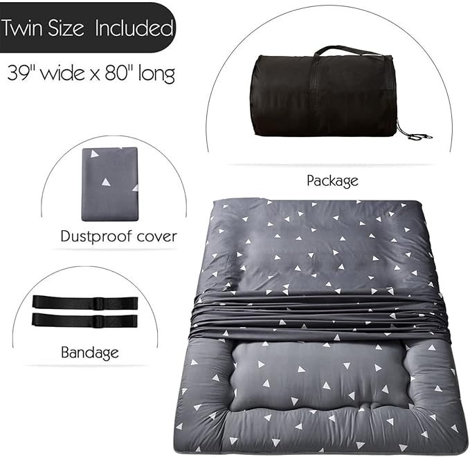 MAXYOYO Grey Triangle Japanese Floor Futon Mattress, Tatami Mat Portable Camping Mat Kids Sleeping Pad Foldable Roll Up Floor Lounger Mat Twin Size with Mattress Protector Cover