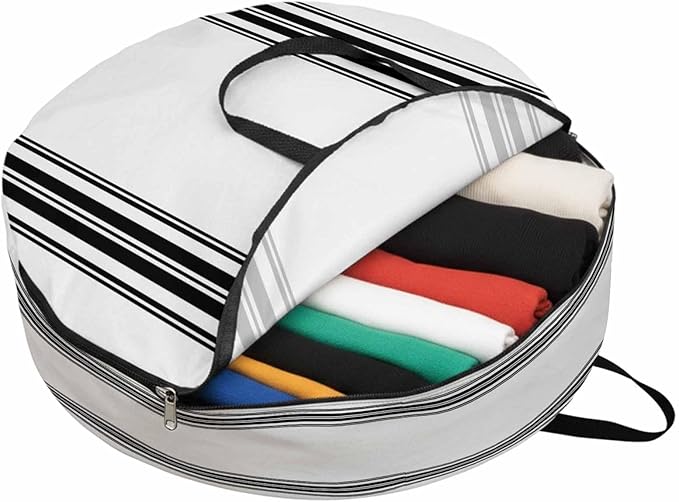 Storage Bag Black White Striped Round Storage Totes Bins Closet Organizers with Zippers & Handle Farmhouse Striped Clothes Storage Container for Bedroom Dorm Space Saving Packing Supplies Moving Bags