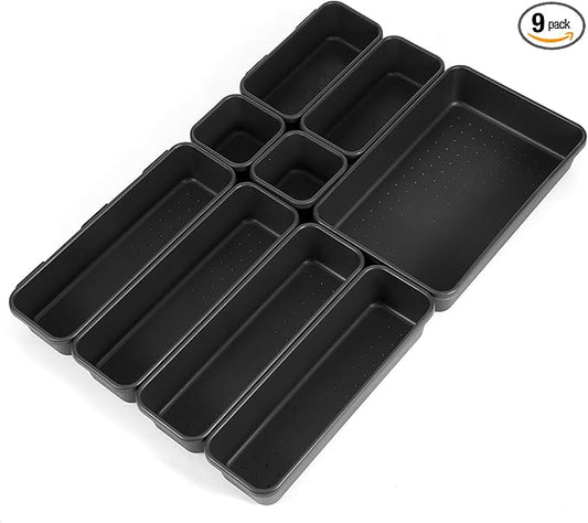 9 Pcs Stackable Drawer Organizer Trays Set, Versatile Desk and Vanity Drawer Organizer Trays, Storage Bins for Makeup, Bathroom, Bedroom, Kitchen and Office Stackable Storage Trays