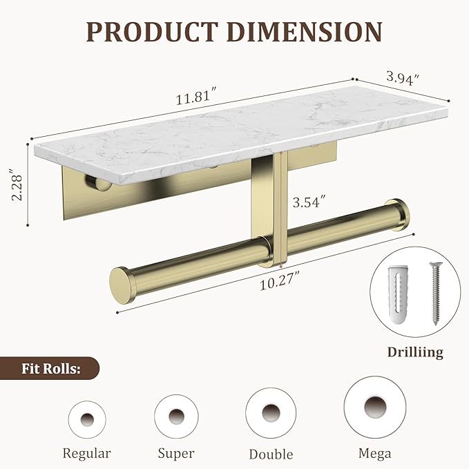 BWE Double Toilet Paper Holder with Shelf, Wall Mounted Tissue Roll Holder for Bathroom, Commercial Toilet Paper Dispenser, Marble Toilet Paper Storage Holder with Phone Shelf (Brushed Gold)