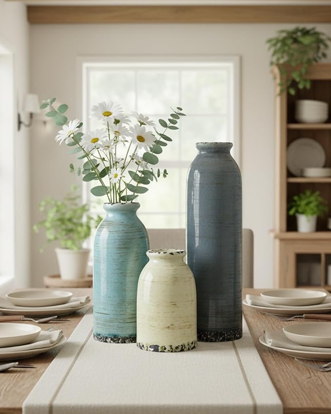Morandi Ceramic Vase Set of 3 – Handmade Pottery Vases, Glazed Vintage Decor for Living Room, Table Centerpiece & Modern Rustic Home Styling