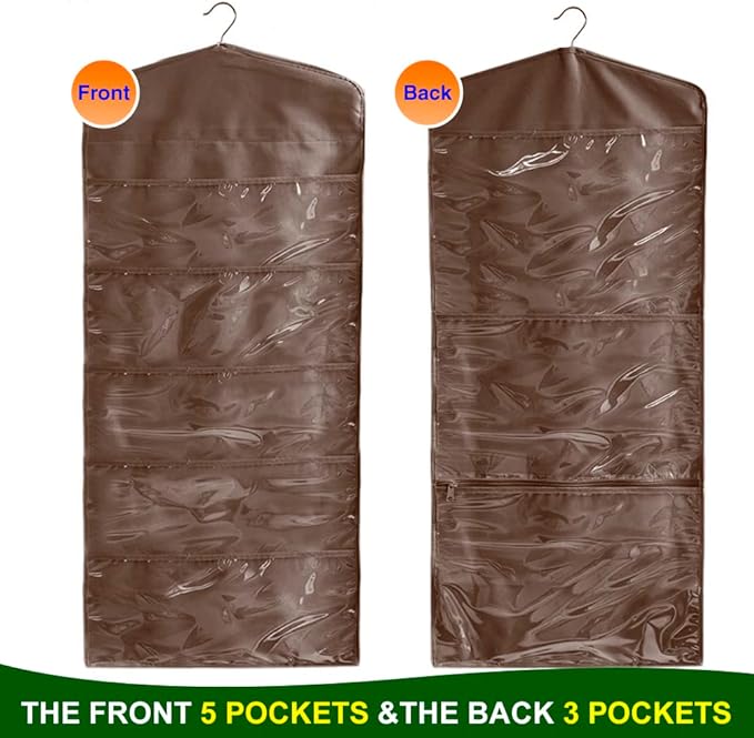 ProPik Hanging Double Sided Gift Bag Storage Organizer with Multiple Front and Back Pockets - Organize Your Gift Wrap, Tissue Paper, and Paper Bags 38 x 16 Inch PVC (Brown)